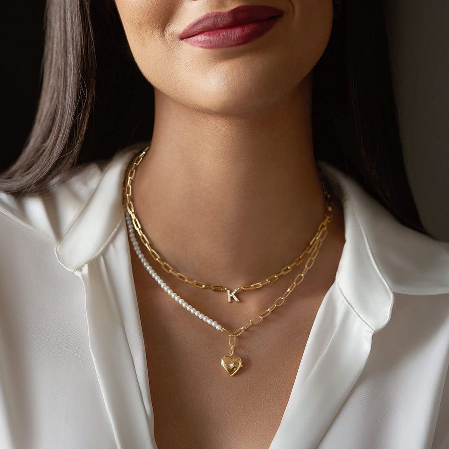 Necklace Half Link And Half Pearls Heart 18K Gold