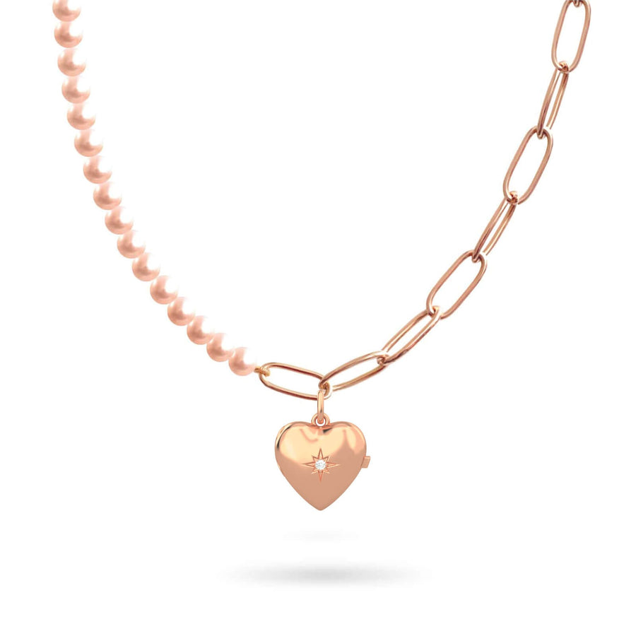 Necklace Half Link And Half Pearls Heart 18K Gold