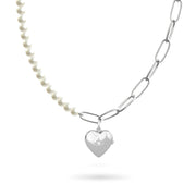 Necklace Half Link And Half Pearls Heart 18K Gold