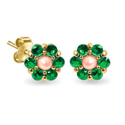 Earrings Flower Precious Stones, Pearl & 18K Gold – Ruby | Sapphire | Emerald | Pink Sapphire
