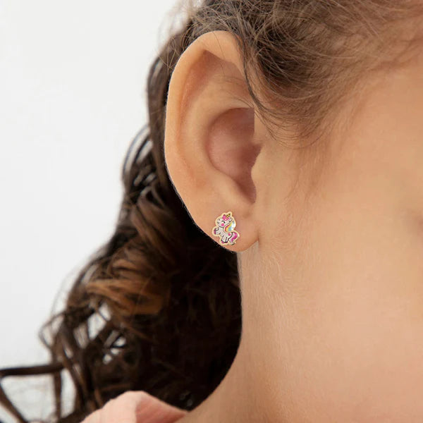 14k Gold Simply Unicorn Baby / Toddler / Kids Earrings Safety Screw Back Enamel