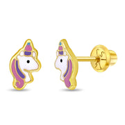 14k Gold Pastel Unicorn Baby / Toddler / Kids Earrings Safety Screw Back Enamel